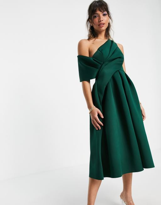 ASOS DESIGN Midi galajurk van scubastof met blote schouder in bosgroen