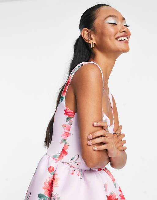 ASOS DESIGN - Midi-gallakjole med korset-design og blomstermønster i lyslilla, 3 af 4