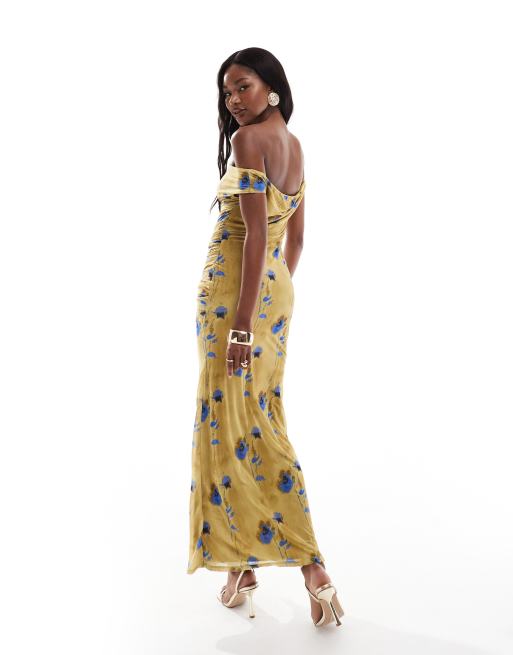 ASOS DESIGN - Midi gedrapeerde bardotjurk van mesh met vervaagde gele bloemenprint, 4 van 4