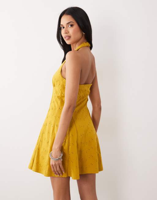 ASOS DESIGN - Midi halterjurk met broderie in olijfgroen, 3 van 4