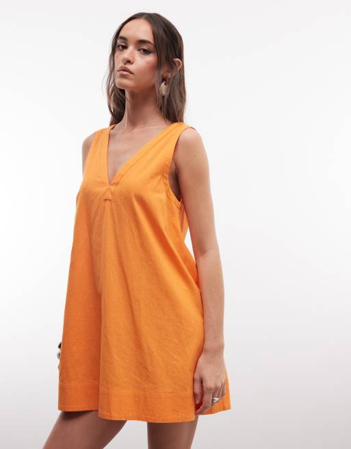 ASOS DESIGN – Midi-Hängerkleid aus Baumwoll-Leinen in Orange mit V-Ausschnitt, 3 von 4