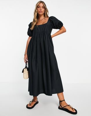 ASOS DESIGN - Midi-Hängerkleid aus Baumwolle in Schwarz mit Puffärmeln und großer Bogenkante