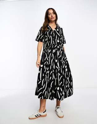 ASOS DESIGN - Midi-Hängerkleid aus Twill mit schwarz-weißem Print in verschwommener Optik, Knopfleiste und Kragen-Bunt