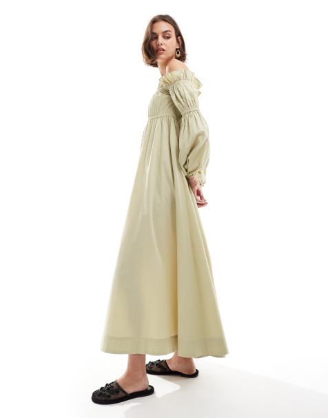 ASOS DESIGN – Midi-Hängerkleid in Oliv aus Popeline mit Raffung und Carmen-Ausschnitt - view 1