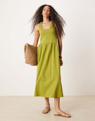 ASOS DESIGN - Midi-Hängerkleid in Olivgrün mit Rüschen und U-Ausschnitt
