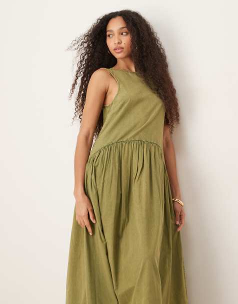 ASOS DESIGN – Midi-Hängerkleid in Olivgrün mit tiefer Taille und U-Boot-Ausschnitt - view 1
