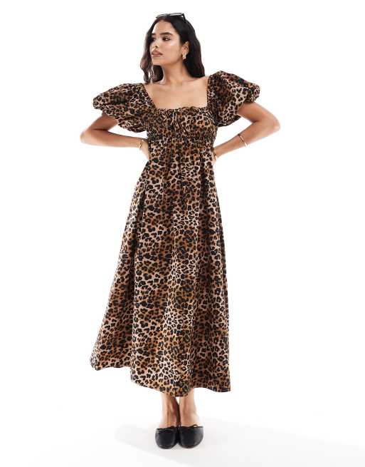 ASOS DESIGN – Midi-Hängerkleid mit Puffärmeln und monochromem Tierfellmuster