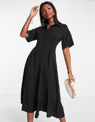 ASOS DESIGN - Midi-Hemdkleid in Schwarz mit Knopfleiste bis zum Bund