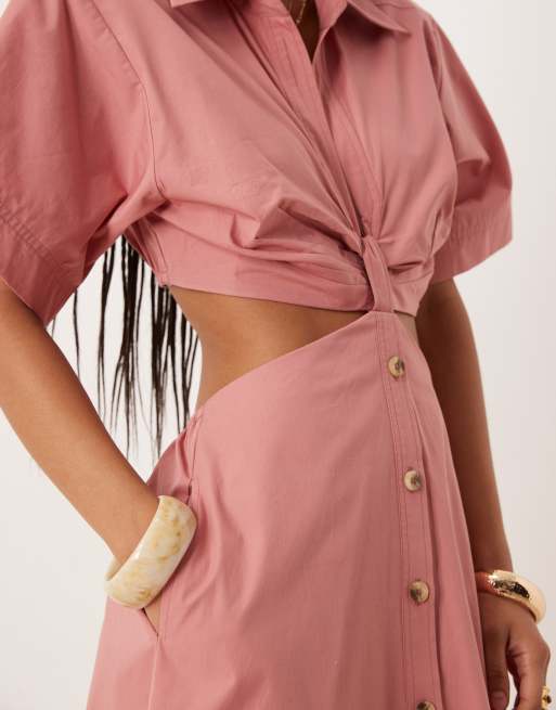 ASOS DESIGN – Midi-Hemdkleid in Staubrosé mit V-Ausschnitt und Zierausschnitt an der Taille, 3 von 4