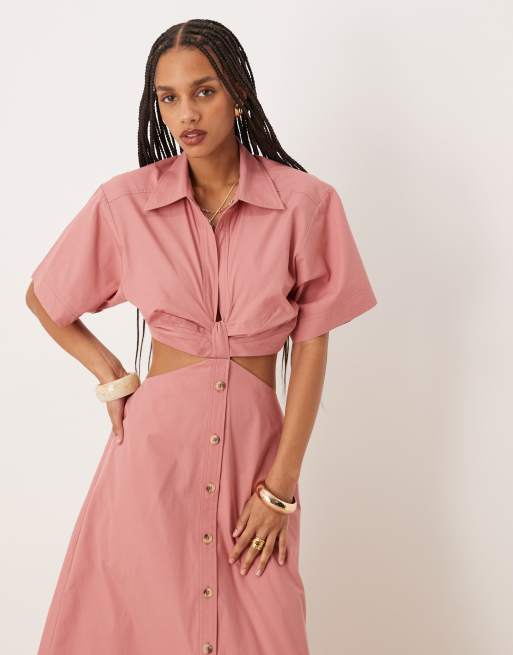 ASOS DESIGN – Midi-Hemdkleid in Staubrosé mit V-Ausschnitt und Zierausschnitt an der Taille, 4 von 4