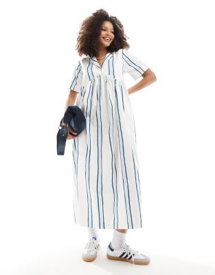 ASOS DESIGN - Midi-Hemdkleid mit zweifarbigem Streifenmuster, Korsettsaum und Reverskragen-Bunt