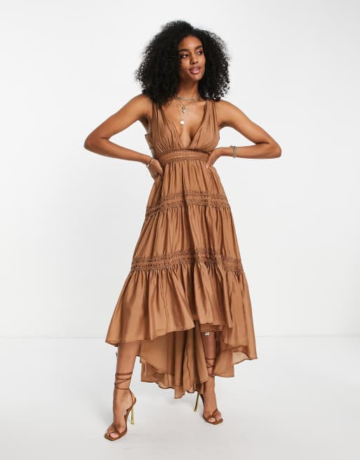 ASOS DESIGN midi hi low hem dress in chocolate with panelled detail