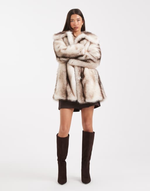 ASOS DESIGN - Midi jas van imitatiebont met kraag en strepen in crème, 3 van 4
