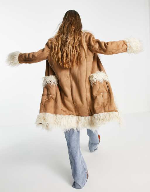 ASOS DESIGN - Midi jas van suède met rand van imitatiebont in bruin, 3 van 4