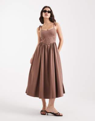 ASOS DESIGN - Midi-Jeanskleid im Ballerina-Design in Mokkabraun-Brown