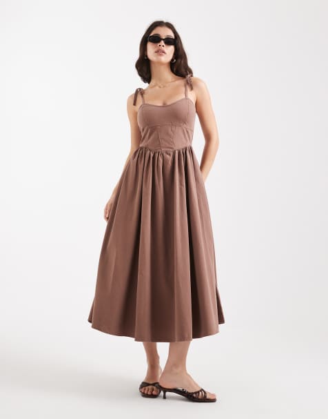 ASOS DESIGN – Midi-Jeanskleid im Ballerina-Design in Mokkabraun - view 1