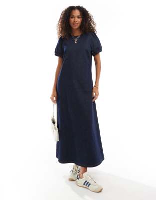 ASOS DESIGN - Midi-Jeanskleid in Indigoblau mit Puffärmeln