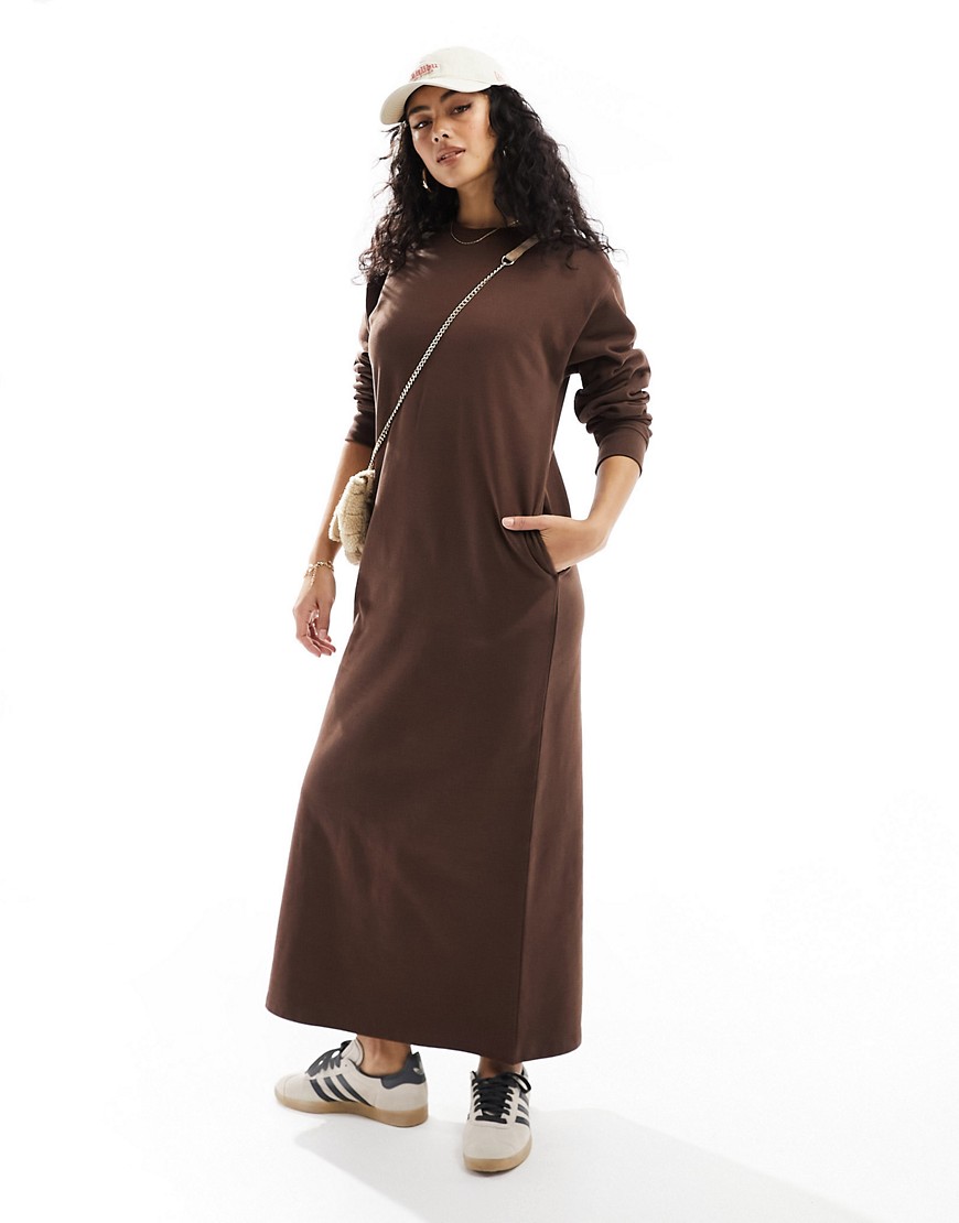 Asos Design Midi Jersey Dress With Pockets In Chocolate Brown