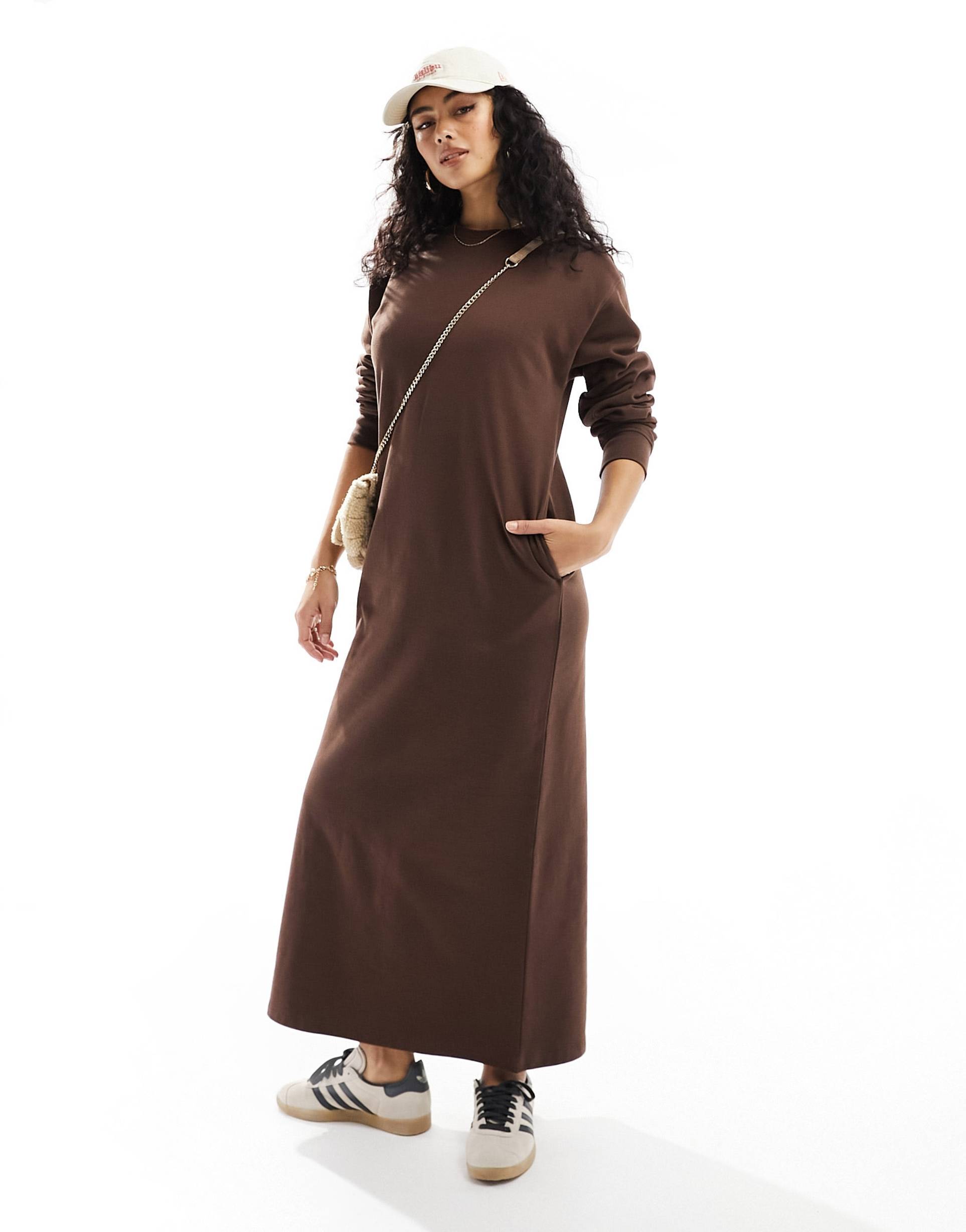 asos design midi jersey dress with pockets in chocolate brown