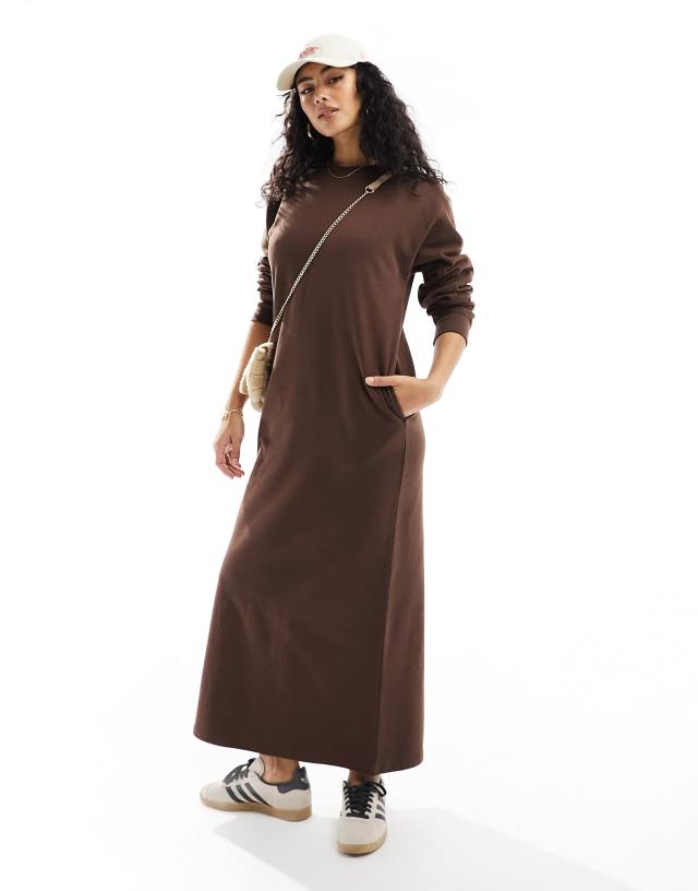 womens jersey dress with pockets ASOS DESIGN midi in chocolate brown jersey dress 90s style