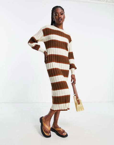 ASOS DESIGN midi jumper dress in brown tonal stripe - view 1