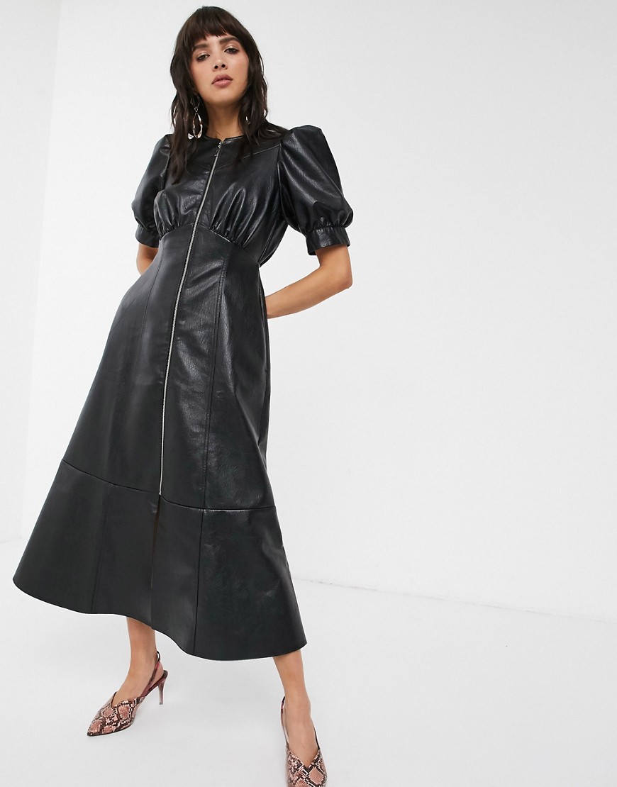 ASOS DESIGN - Midi-jurk in leerlook met rits en pofmouwen in zwart