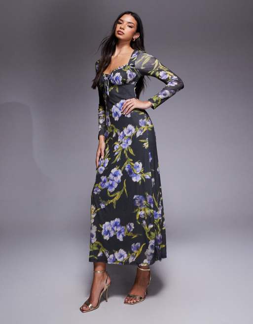 ASOS DESIGN - Midi jurk in melkmeisjes-stijl met lange mouwen en bloemenprint in zwart