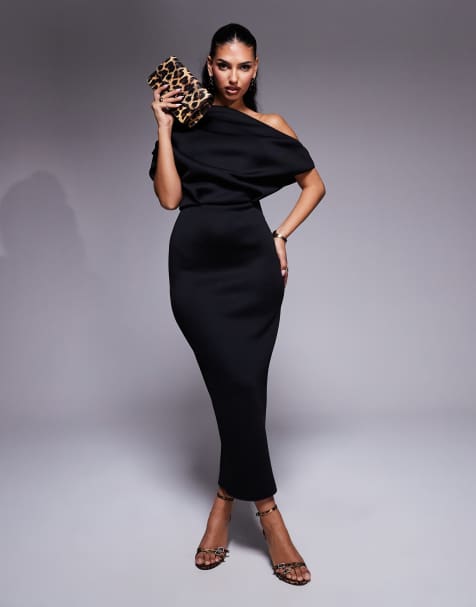 ASOS DESIGN - Midi-jurk in scubastijl met dramatische halslijn in zwart - view 1