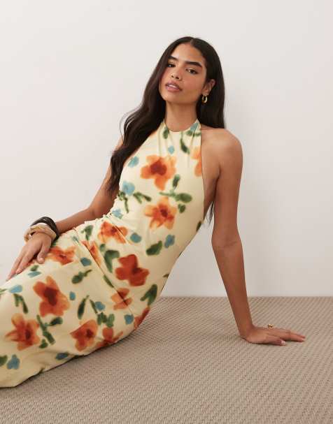 ASOS DESIGN - Midi jurk met A-lijn, halternek en vervaagde bloemenprint - view 1