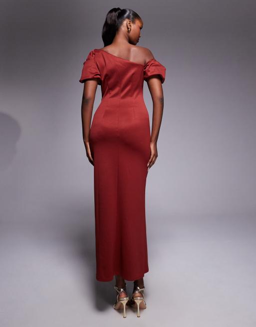 ASOS DESIGN - Midi-jurk met afhangende schouder, structuur en pofmouwen in roestkleur, 4 van 4
