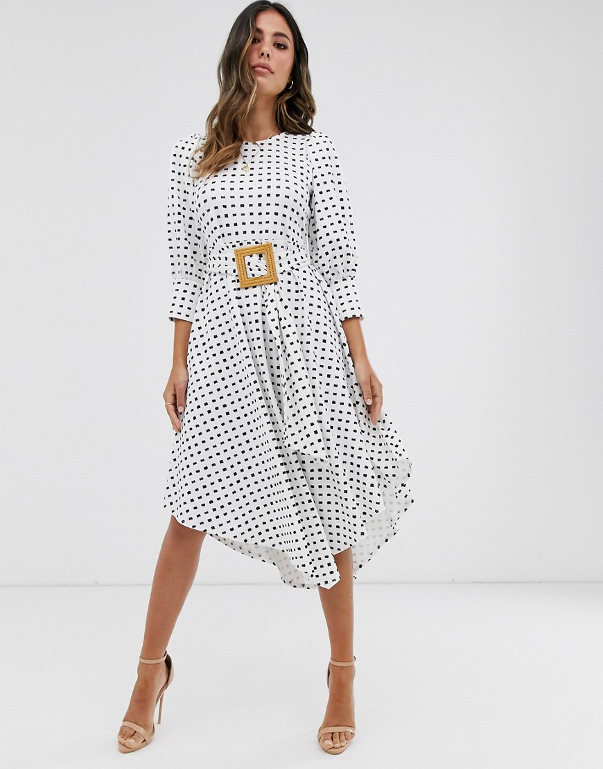 ASOS DESIGN - Midi-jurk met asymmetrische rok, print en geweven riem-Multi