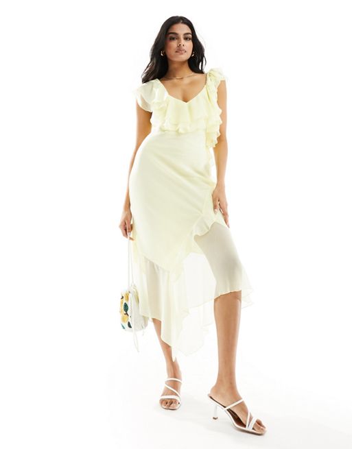 FhyzicsShops DESIGN - Midi-jurk met asymmetrische ruches in citroengeel
