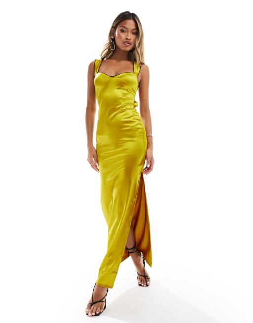 ASOS DESIGN - Midi jurk met bandjes, hartvormige halslijn en contrasterende rand in olijfgroen