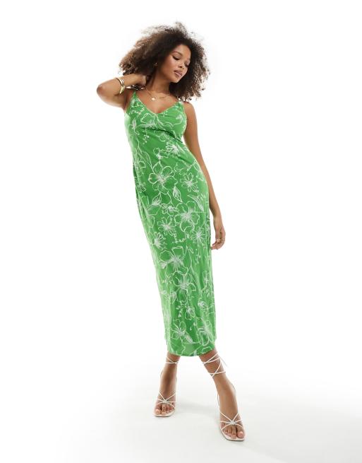 FhyzicsShops DESIGN - Midi jurk met bandjes, V-hals en bloemenprint in groen