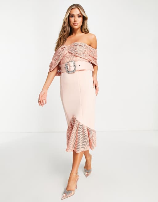 ASOS DESIGN - Midi-jurk met bardot-hals met kant, peplumzoom en riem in vaalroze 
