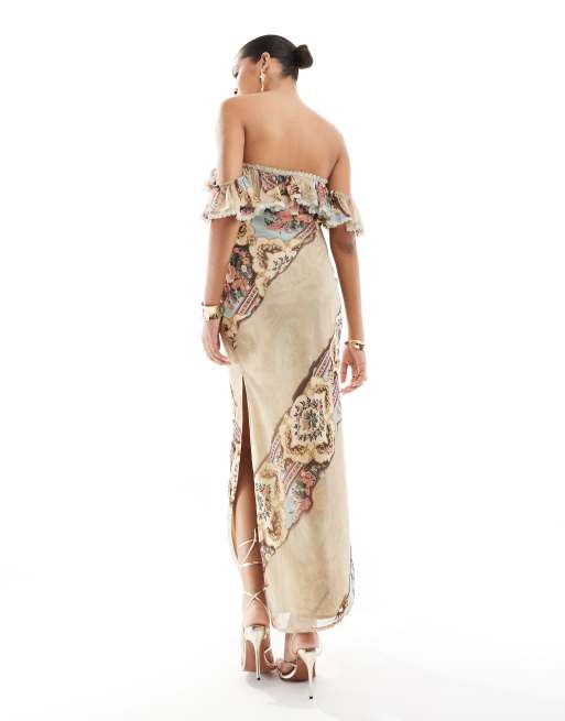 ASOS DESIGN - Midi jurk met bardot halslijn, schuine ruches, kanten rand en patchwork bloemenprint, 2 van 4