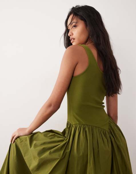 ASOS DESIGN - Midi jurk met basque taille en geweven rok in olijfgroen - view 1