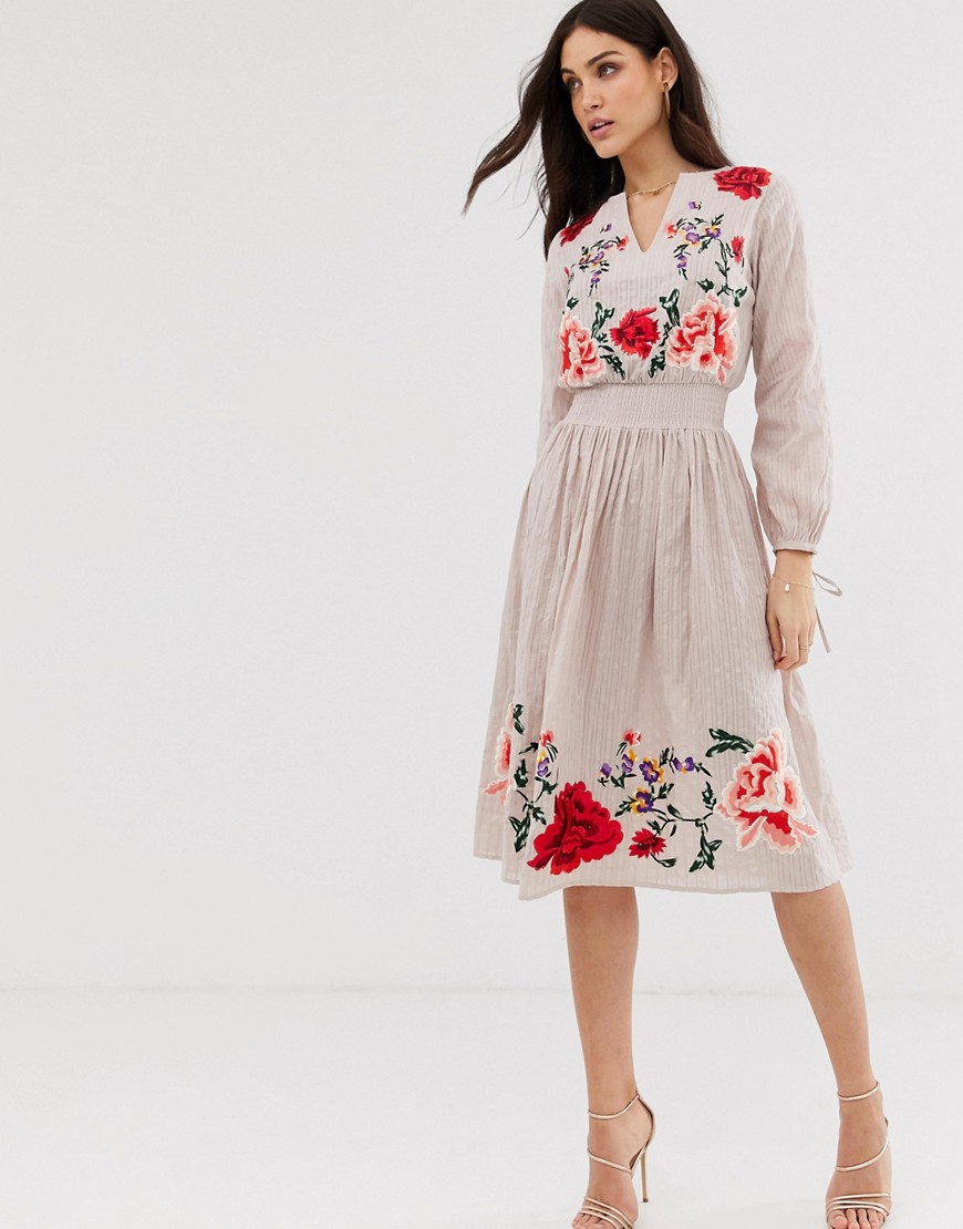 ASOS DESIGN - Midi-jurk met bloemenborduursel-Beige