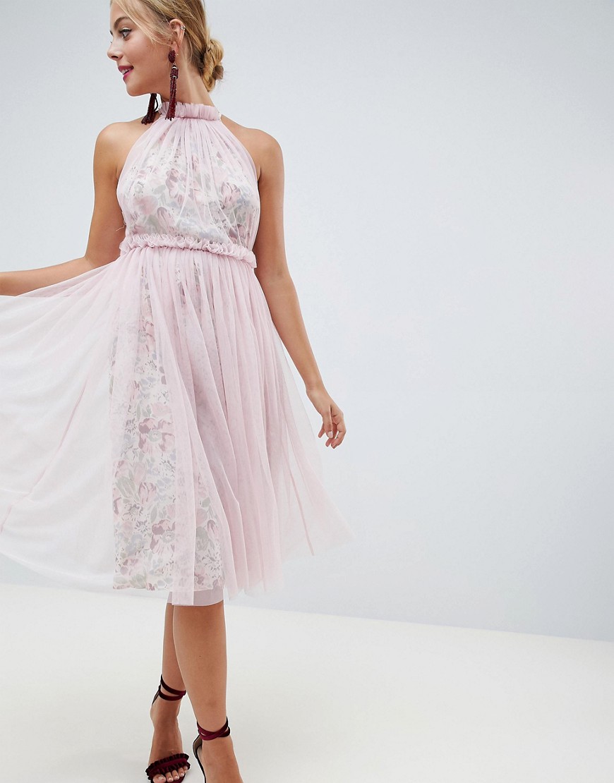 ASOS DESIGN - Midi-jurk met bloemenprint met tule bovenlaag-Multi