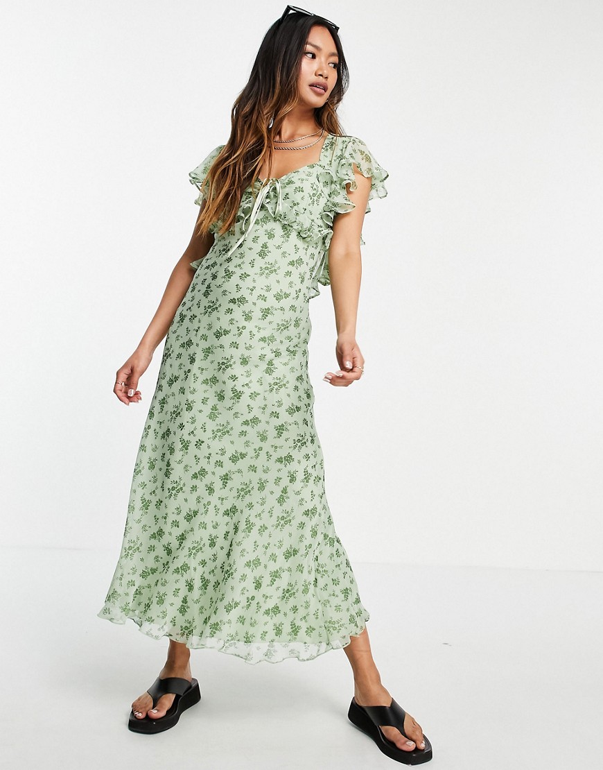 ASOS DESIGN - Midi-jurk met bloemenprint, ruches en strikdetail-Meerkleurig