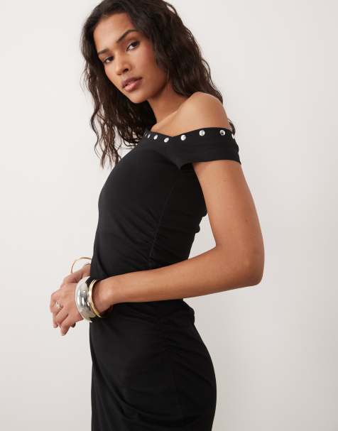 ASOS DESIGN - Midi jurk met blote schouder en drukknopen in zwart - view 1