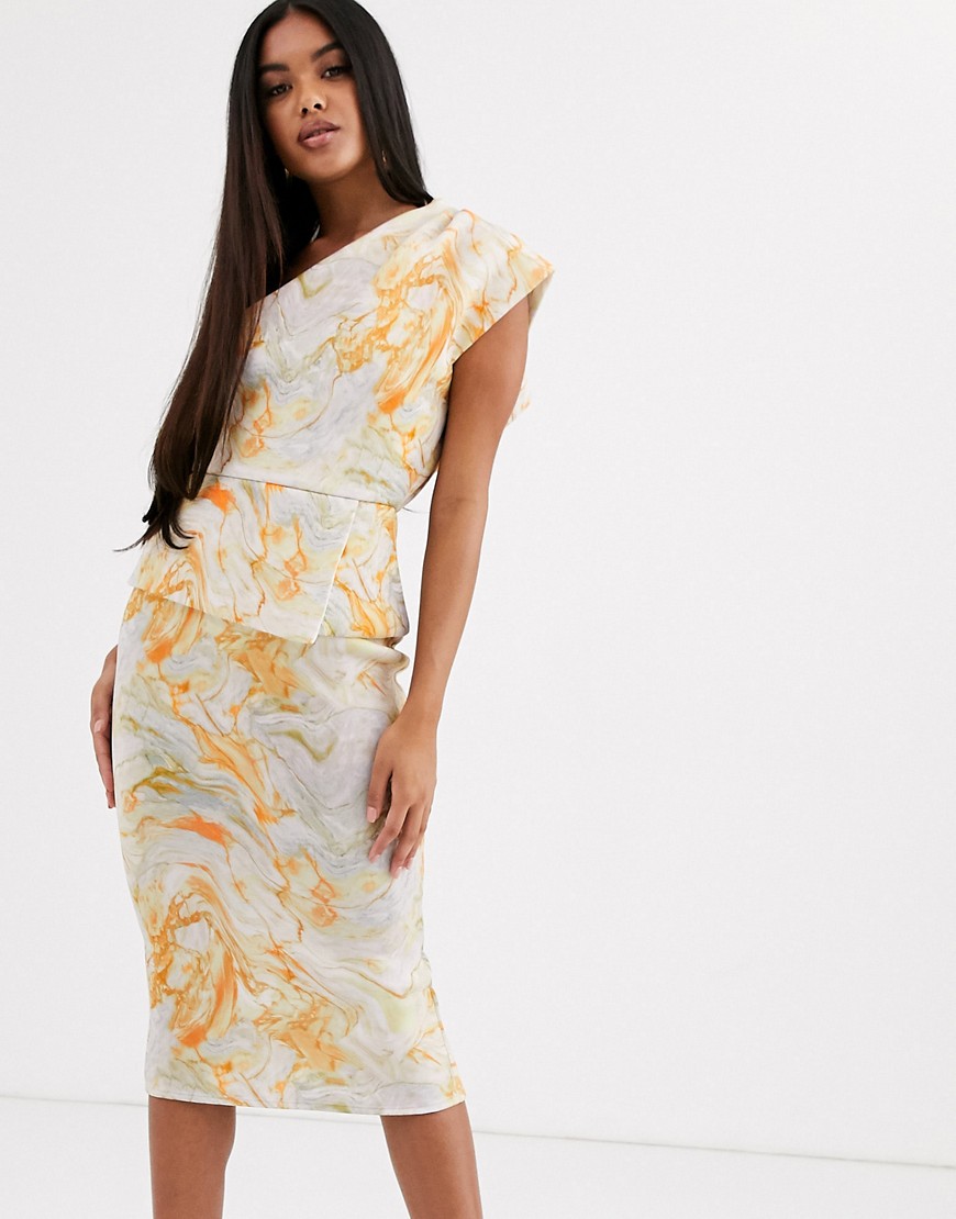 ASOS DESIGN - Midi-jurk met blote schouder en marmerprint-Multi