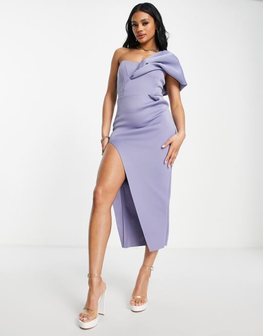 ASOS DESIGN - Midi jurk met blote schouder, naden op de buste en hoge split in babyblauw, 4 van 4