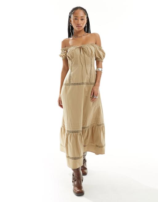 ASOS DESIGN - Midi jurk met blote schouders en plooitjes en gehaakte versiering kaki met wassing