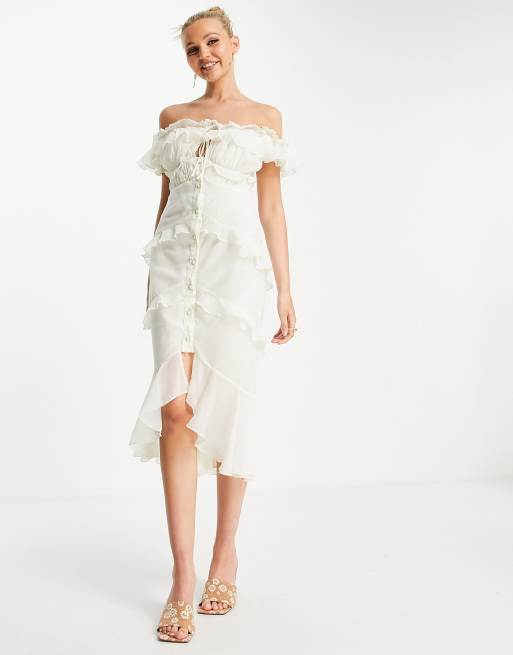 ASOS DESIGN - Midi jurk met blote schouders, knopen aan de voorkant en ruches in crème