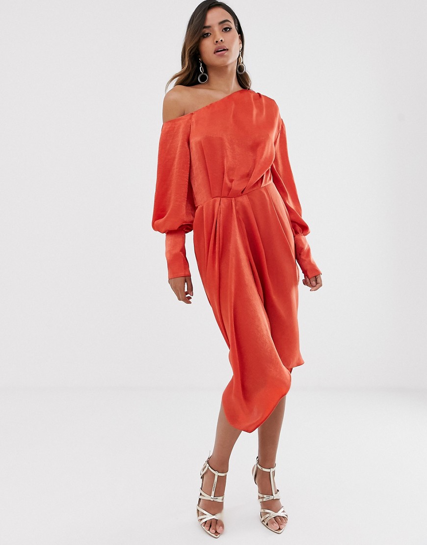 ASOS DESIGN - Midi-jurk met blouson en blote schouder in gewassen satijn-Oranje