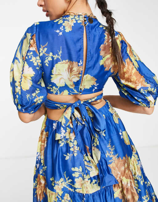 ASOS DESIGN - Midi-jurk met blousonmouwen, kanten detail en open achterkant  in blauwe bloemenprint | ASOS