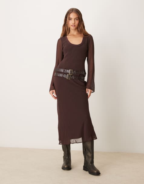 ASOS DESIGN - Midi jurk met boothals en dubbele riem in chocoladebruin - view 1