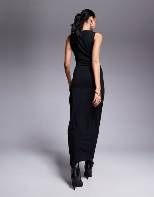 ASOS DESIGN - Midi jurk met boothals en gerimpelde zijkanten in zwart, 2 van 4