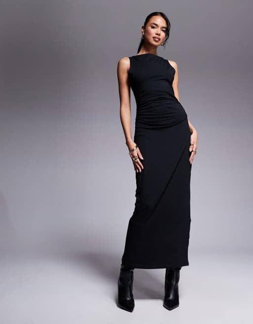 ASOS DESIGN - Midi jurk met boothals en gerimpelde zijkanten in zwart, 4 van 4